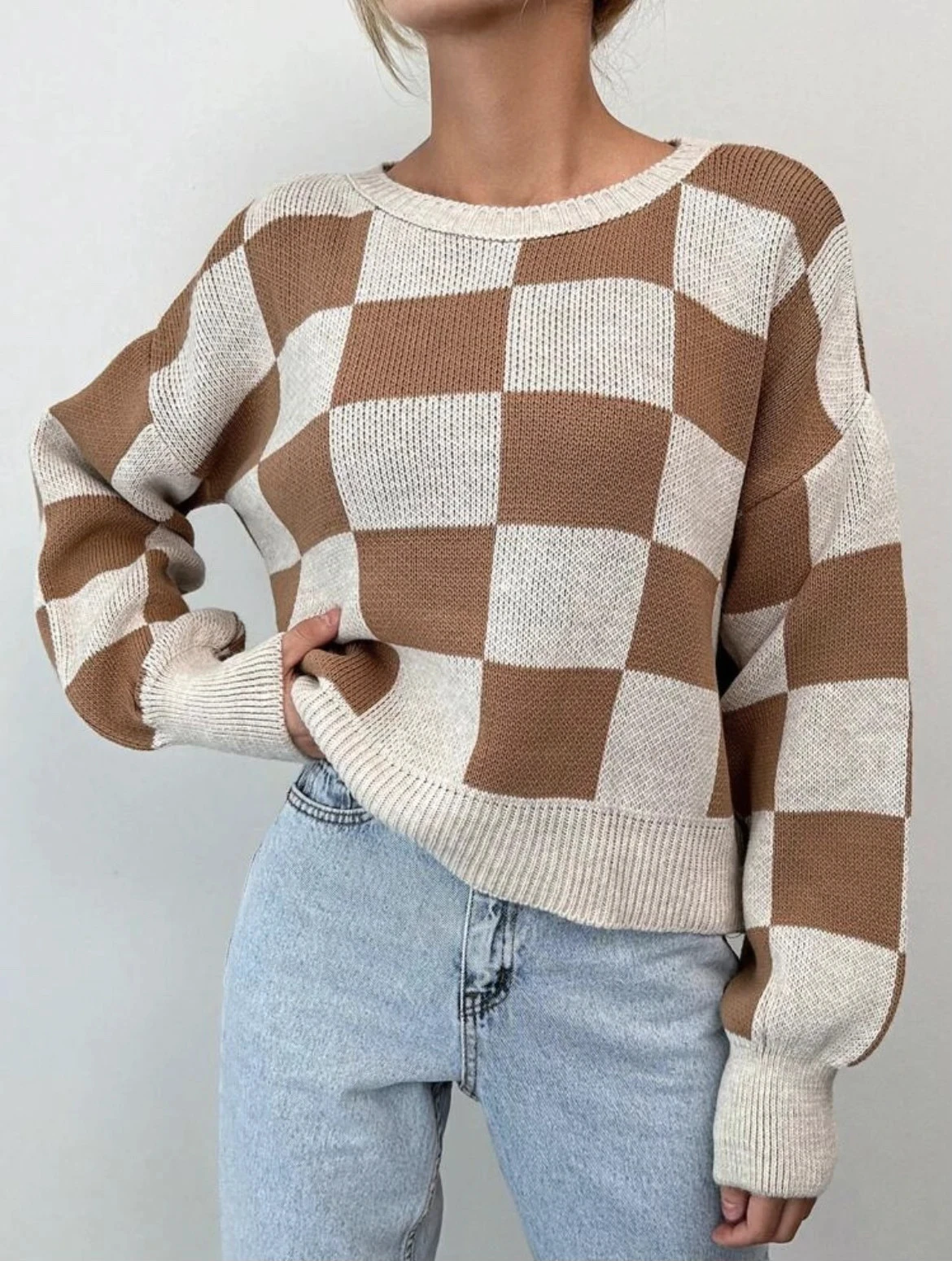 Brown & Beige Checkered Sweater Cozy & Stylish